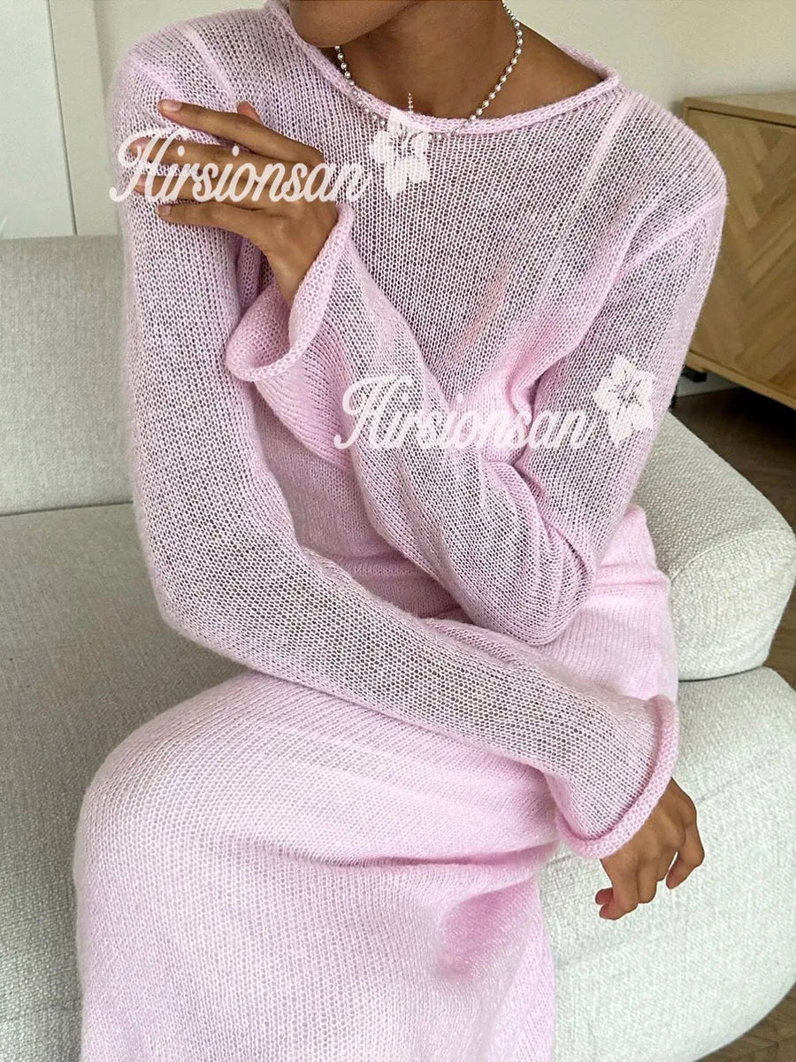 Hirsionsan Frühling Herbst Oansatz Elastische Stricken Lange Kleider Frauen 2024 Elegante Chic Weiche Dame Aushöhlung Pullover Kleider Femme Neue.
