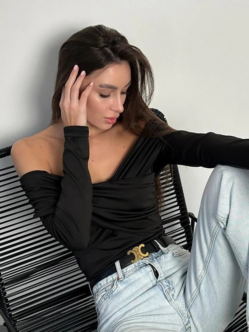 New Solid Sexy Off Shoulder Bodysuits Women Fashion Crossed Folds Skinny Rompers Long Sleeve Fashion Streetwear Autumn Bodysuits.