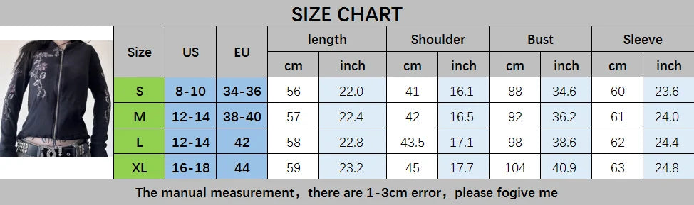 00s Aesthetic Vintage Jacket Y2k Grunge Zip Up Sweatshirt Flower Wings Print Slim Fit Hoodies E-girl Gothic Cool Street Outwear.