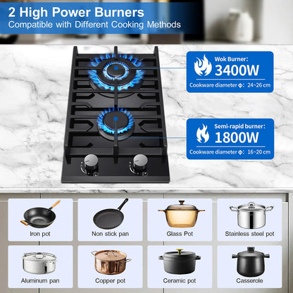 EU Certified 2 Burner Gas Hob 30cm Tempered Glass | Built-in w/Cast Iron Rack Dual Fuel (NG/LPG) 5200W Flame Failure Black.
