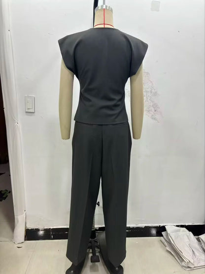 ZERAINS Autumn women's sleeveless V-neck short vest loose fit with waistband pleated high waisted pants set.