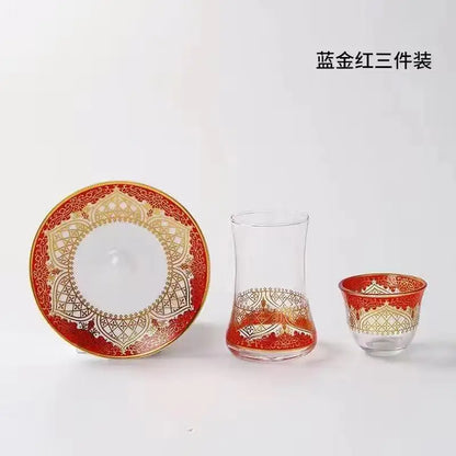 Turkish Tea Glasses Cups Set With Saucers Coffee Cup Romantic Exotic Glass Tea Cup Blue Gold Kitchen Decoration Drinking 3pcs.