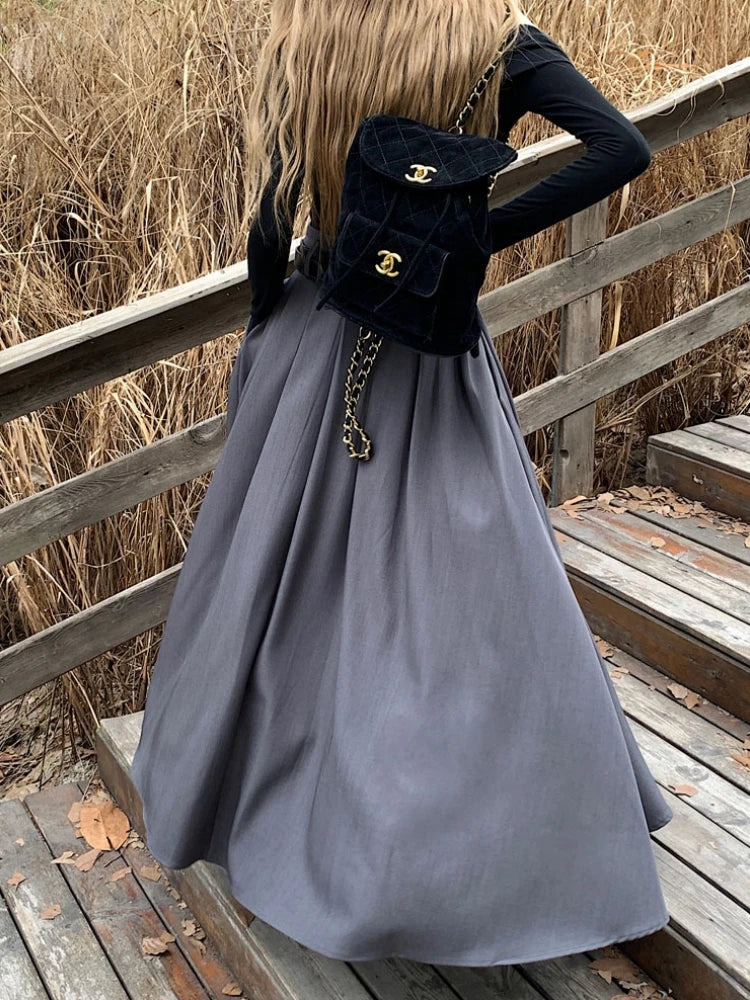 Qiukichonson Grey Midi Long Skirts Womens Maxi Skirt 2023 Autumn Winter Suit Skirt Goth Lolita High Waist Ruffle Pleated Skirts