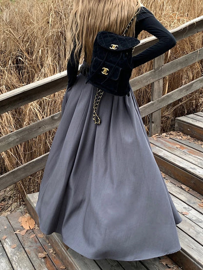 Qiukichonson Grey Midi Long Skirts Womens Maxi Skirt 2023 Autumn Winter Suit Skirt Goth Lolita High Waist Ruffle Pleated Skirts