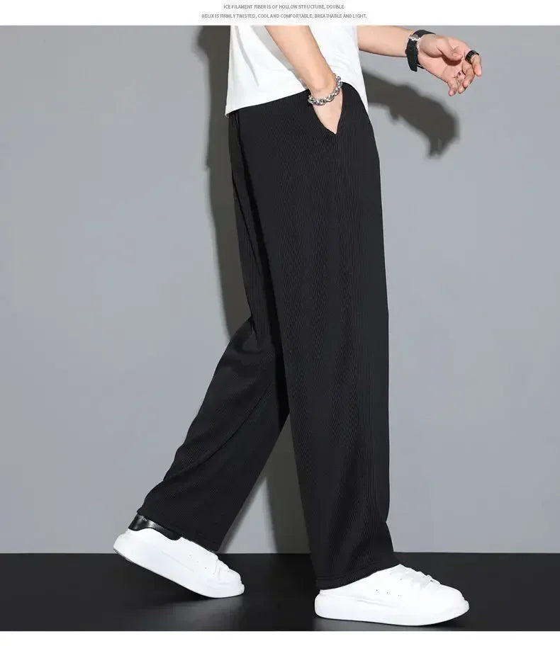 Summer Loose Ice Silk Pants Men's Drape 100KG Size Long Pants Fat Casual Sports Pants Wide Leg Straight Pants Tide Brand.