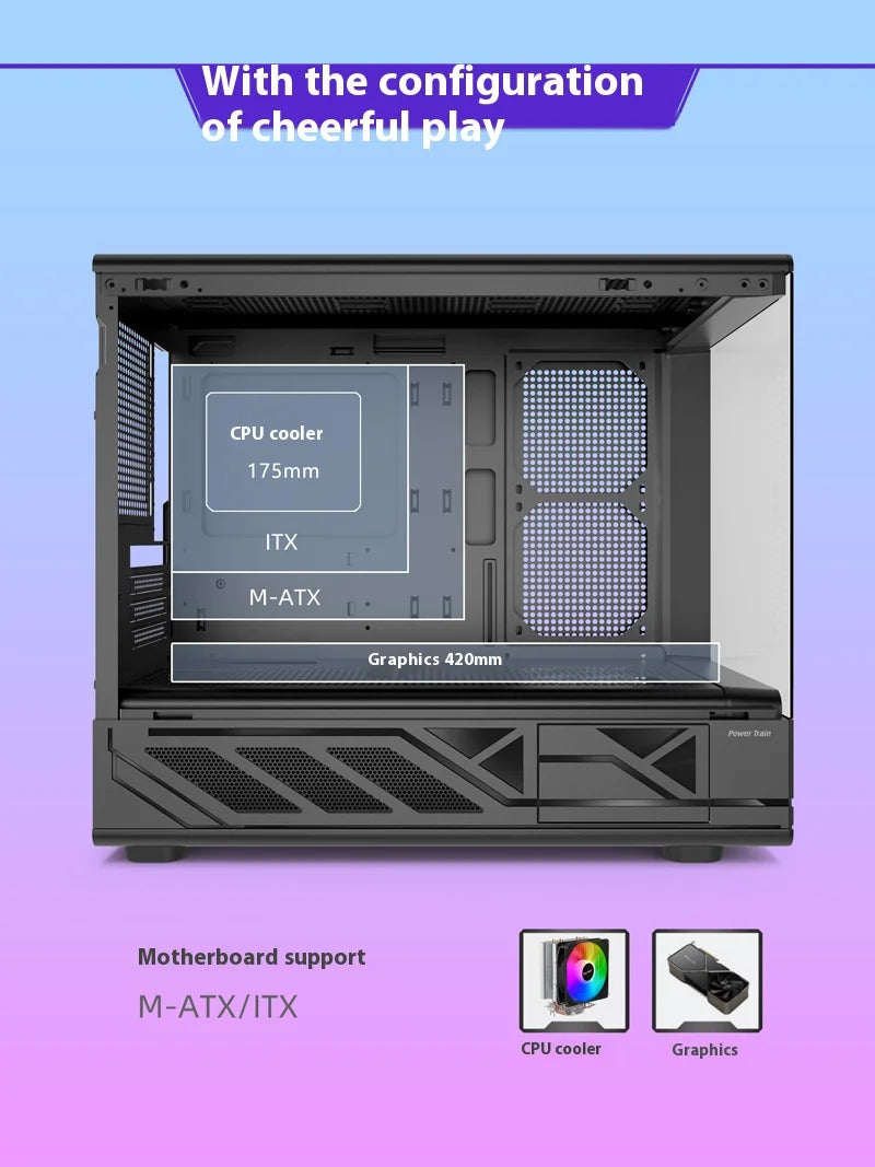 Power Train N5 MATX desktop room with a column-free sea view features a glass side computer case supports 360 water cooling.