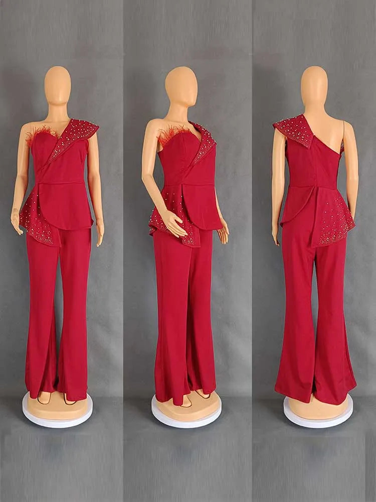 High Waist Strapless Jumpsuit Rivet Collar Lady Evening and Party Tube Top Jumpsuit for Women Elegant Sexy Birthday Jumpsuit.