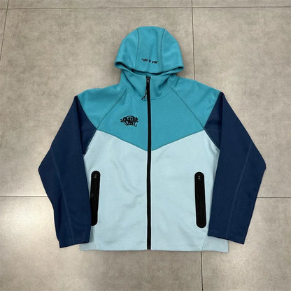 Casual Embroidered Fleece Lined Open Cardigan Hooded Zipper Pants Set for Men And Women Color Block Design by Syna