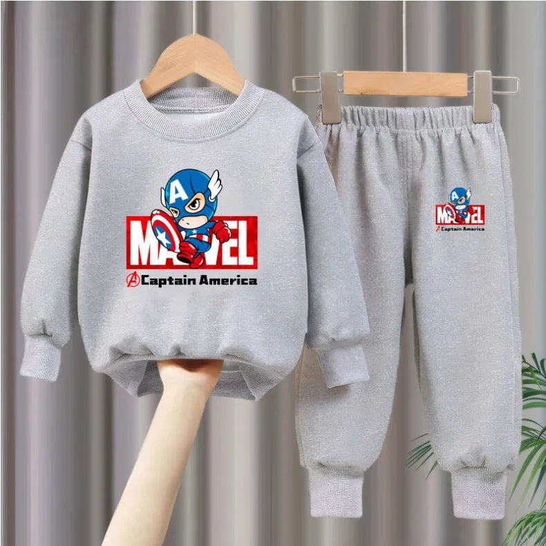 Marvel Spring/autumn Children's Clothing  Sets Captain America Boys O Neck Hoodies Pants Two Piece Casual Pullover Set for Kids.