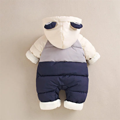 Winter Neue Baby Strampler Jungen Mädchen Patchwork Dicke Plus Samt Overalls Winddicht Mit Kapuze Overalls Schneeanzug Ein Stück Body