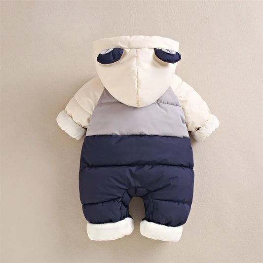 Winter Neue Baby Strampler Jungen Mädchen Patchwork Dicke Plus Samt Overalls Winddicht Mit Kapuze Overalls Schneeanzug Ein Stück Body
