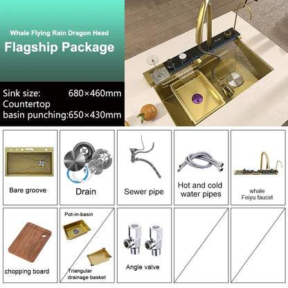 Golden Stainless Steel Kitchen Sink Waterfall Outlet Large Single Sink Digital Display Dishwashing and Vegetable Sinks
