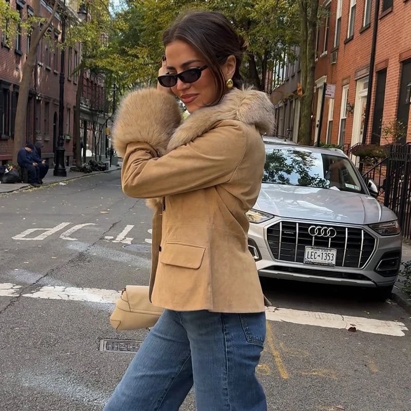 MUJER Kunstpelz-Leder-Blazer für Damen, Kunstleder, luxuriöse Damen-Blazer, Mäntel, Büro, taillierte Jacke, Damen-Winter-Oberbekleidung