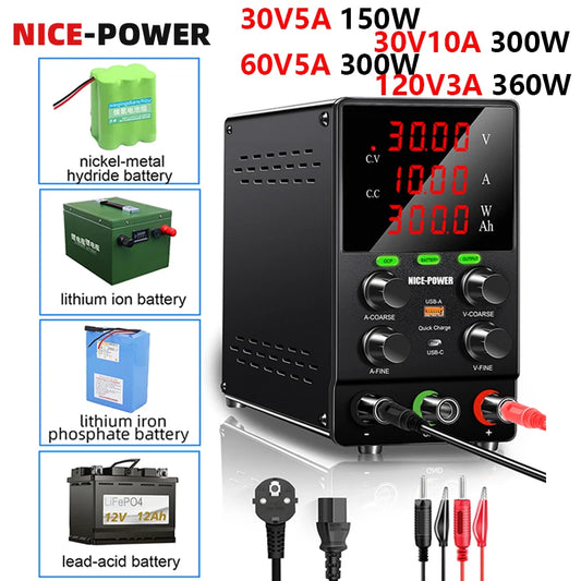 DC Lab Bench Power Supply OCP 30V 10A 120V OUTPUT Battery Charging Adjustable Voltage Regulator Laboratory Power Source Supply.