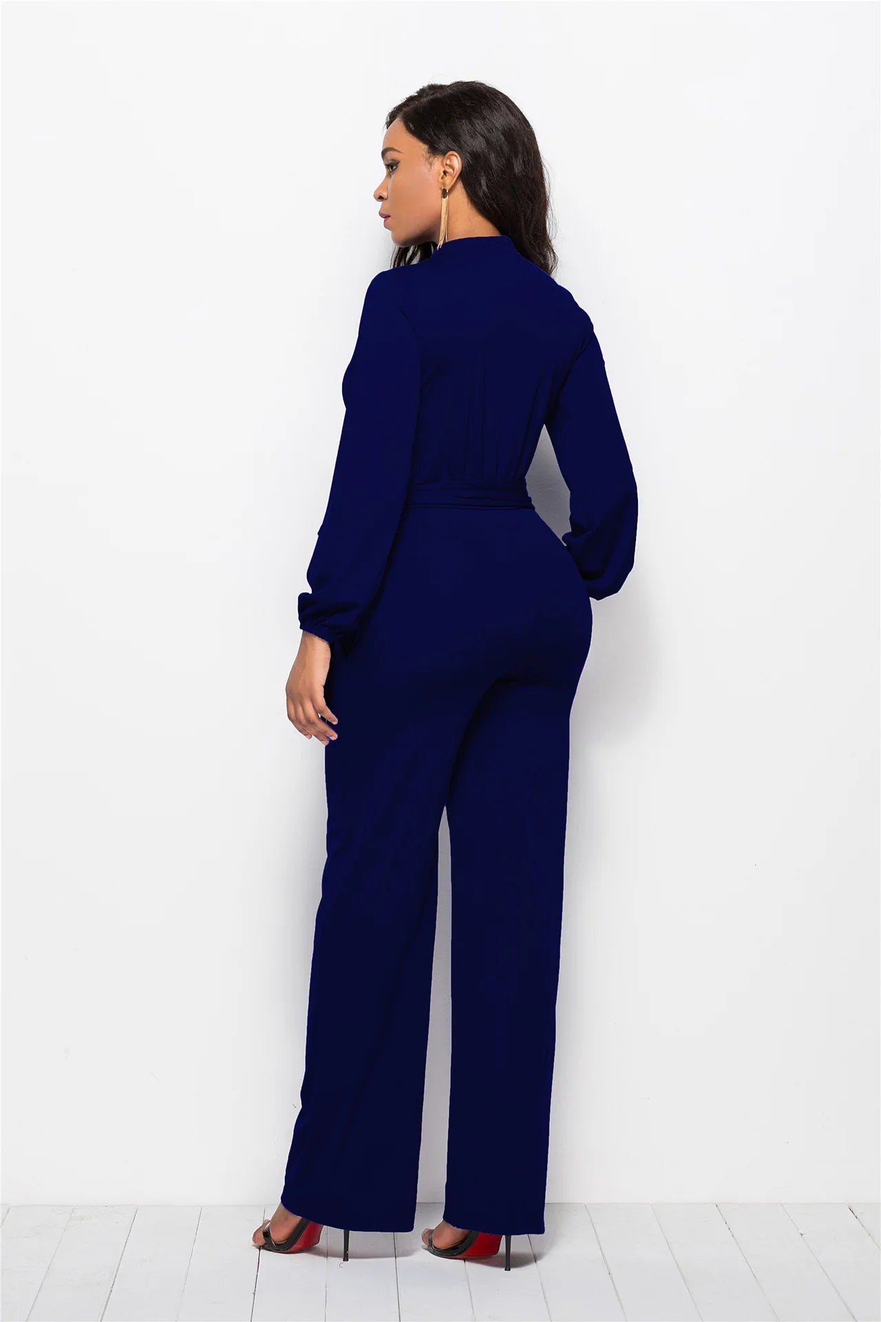 Temperament Solid Color Slim Jumpsuits Women Fashion Long Sleeve Buttons High Waist Leace-up Jumpsuit Ladies Commuting Clothing.