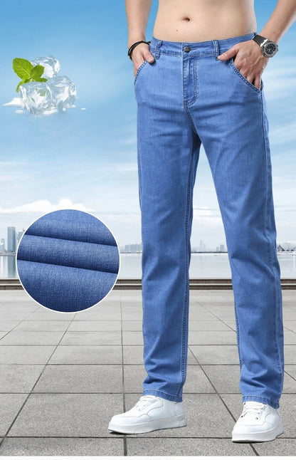 Men's Ice Silk Jeans Summer New Lyocell Thin Business Casual Denim Pants Classic All Match Slim Fit Straight Elastic Jean Male.