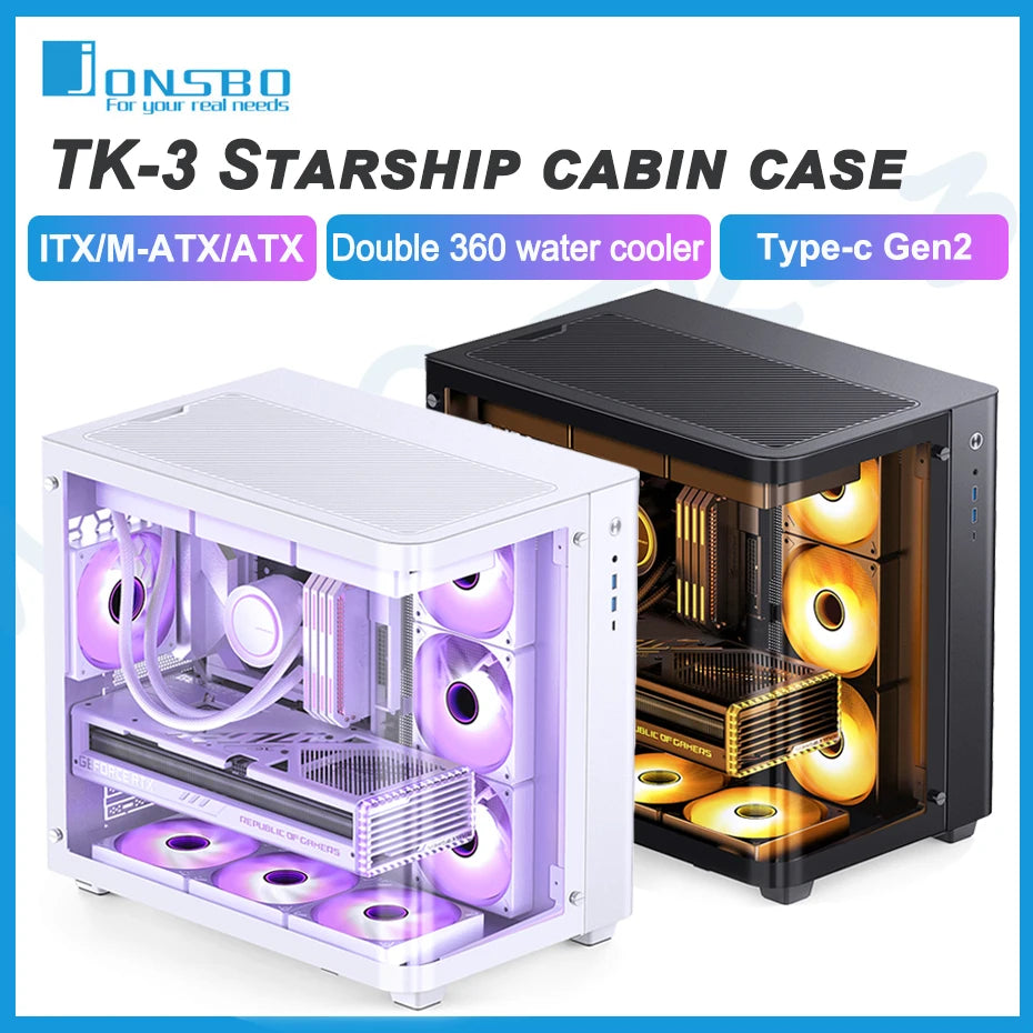 JONSBO TK-3 Desktop Chassis Curved Sea View Room Side Transparent ATX E-sports Case Double 360 Water Cooler Type-c Interface.