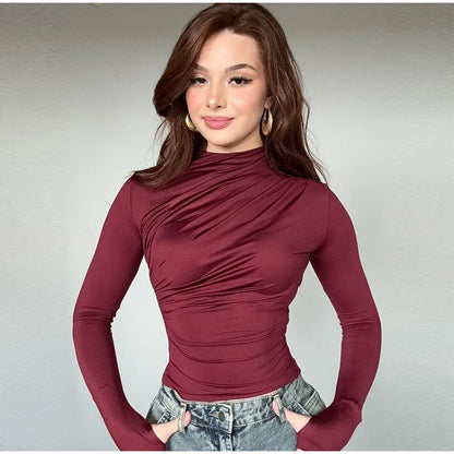 Women Tees Sexy Turtleneck Long Sleeve Pleated All-match Basic Lady T-shirts 2025 Spring Autumn Fashion Chic Female Streetwears.