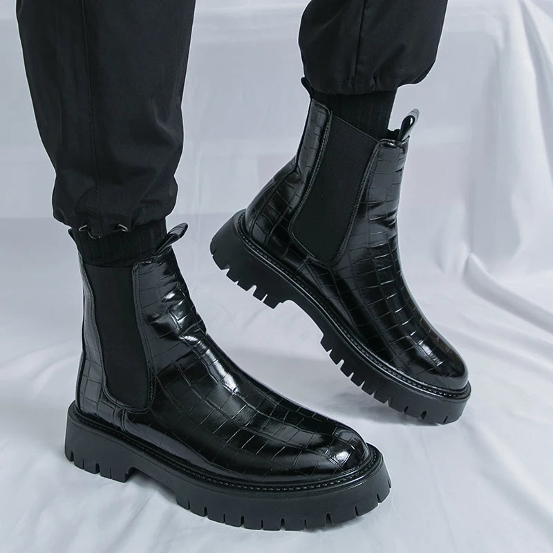 Street Style Pointed Toes Chelsea Boots Stylish Leather Ankle Boots Fashion High Top Shoes Party Business Motorcycle Boots Botas