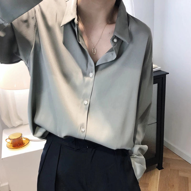 Luxury Satin Finish Shirts And Blouses For Women Clothes Casual Top OL Long Sleeve Single Breasted Elegant French Solid Blouses.