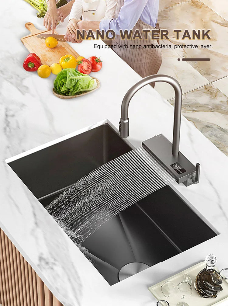 Black Stainless Steel Kitchen Sink Waterfall Sink dishwashing Basin Large Single Sink Household Sink Under The Counter Sink