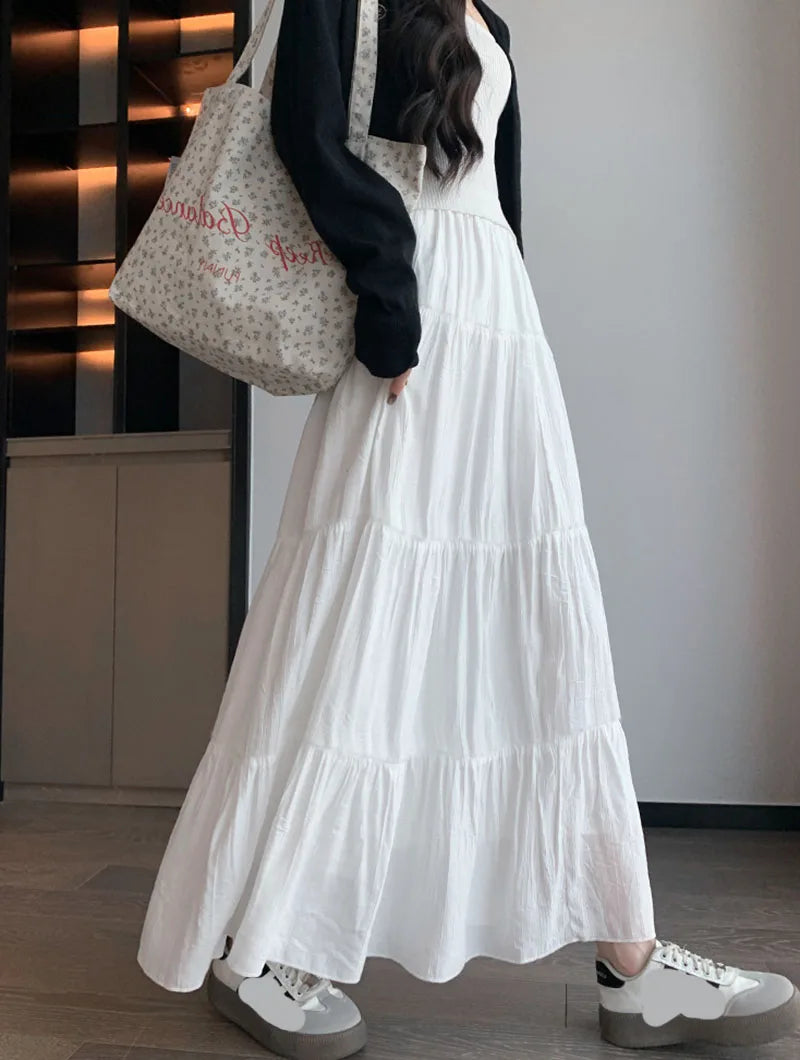 Spring Summer Women Long Skirts Fashion High Waist Elastic Patchwork A-Line Skirt Casual All-Match White Cake Maxi Skirts Female.