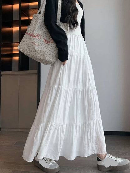 Spring Summer Women Long Skirts Fashion High Waist Elastic Patchwork A-Line Skirt Casual All-Match White Cake Maxi Skirts Female.