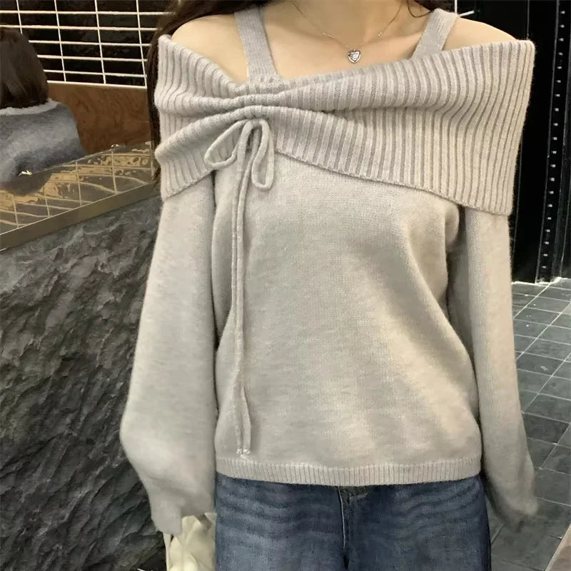 Deeptown Koreanischer Stil Kokette Strickwaren Pullover Damen Sweet Slash Neck Langarm Pullover Herbst Winter 2000er Jahre Grauer Pullover.