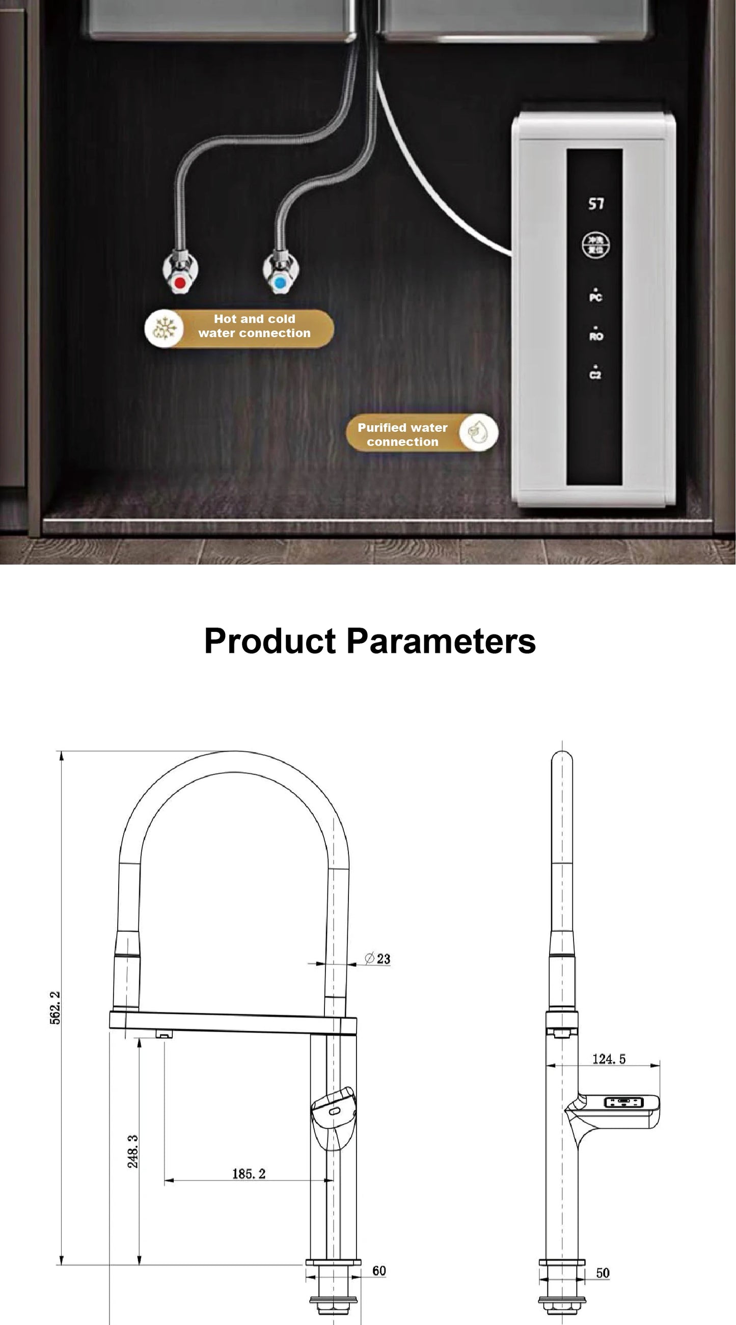 Luxury brass gun gray sensing kitchen faucet LED display touch switch hot&cold water pull-out purified water 2 function sink Tap