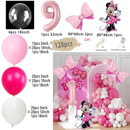128PCS Minnie Maus Rosa Schleife Aluminium Form Ballon Girlande Bogen Set Mädchen Prinzessin Geburtstag Party Baby Dusche Dekoration Lieferungen