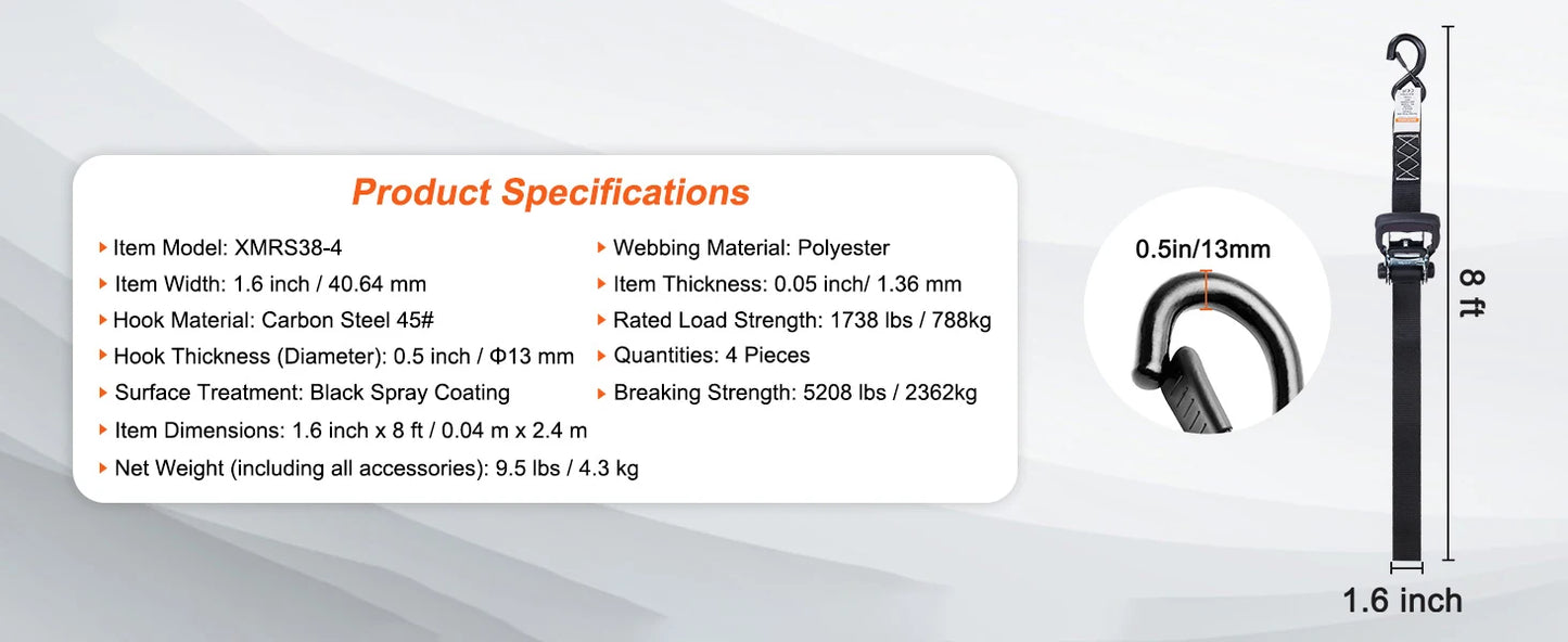 SucceBuy 4 Stück Anhänger-Ratschen-Spanngurte mit gepolsterten Griffen, Haken-Bremsbindegürtel für die Bewegen, Sicherung von Fracht und Motorrädern