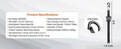 SucceBuy 4 Stück Anhänger-Ratschen-Spanngurte mit gepolsterten Griffen, Haken-Bremsbindegürtel für die Bewegen, Sicherung von Fracht und Motorrädern