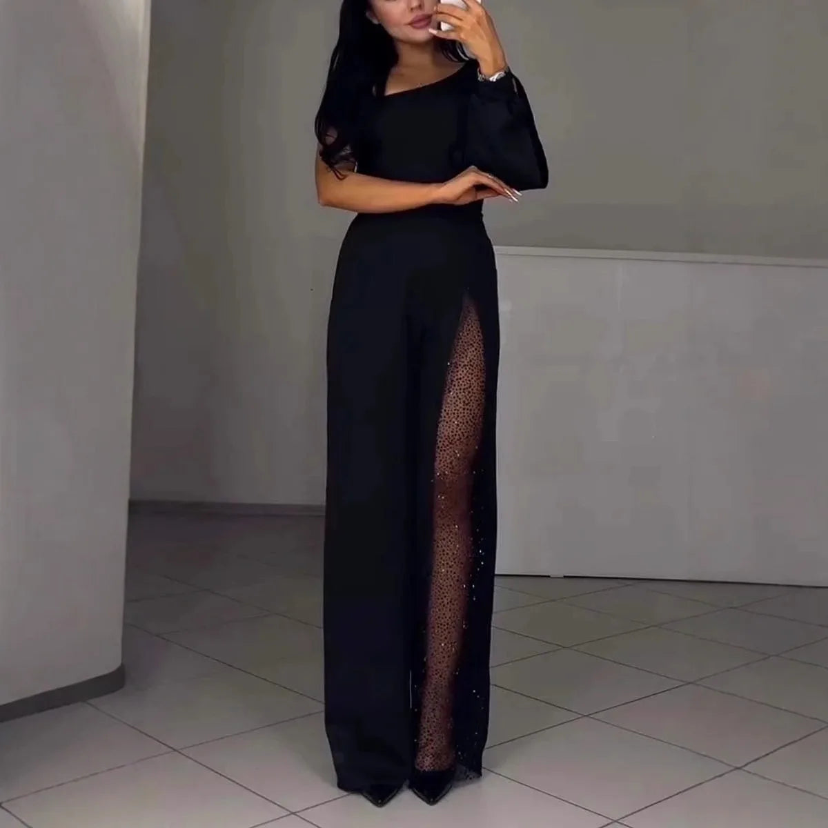 2025 Sping Summer Women's Jumpsuit Casual Comfortable Fashion Sexy Slanted Mesh Slightly Tilted Neck Office Jumpsuits.