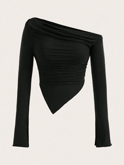 Women Sexy Solid One Shoulder Long Sleeve T Shirts Spring Fall 2025 Y2K Clothes Grunge Goth Slim Fit Tee Tops Tshirt Streetwear.