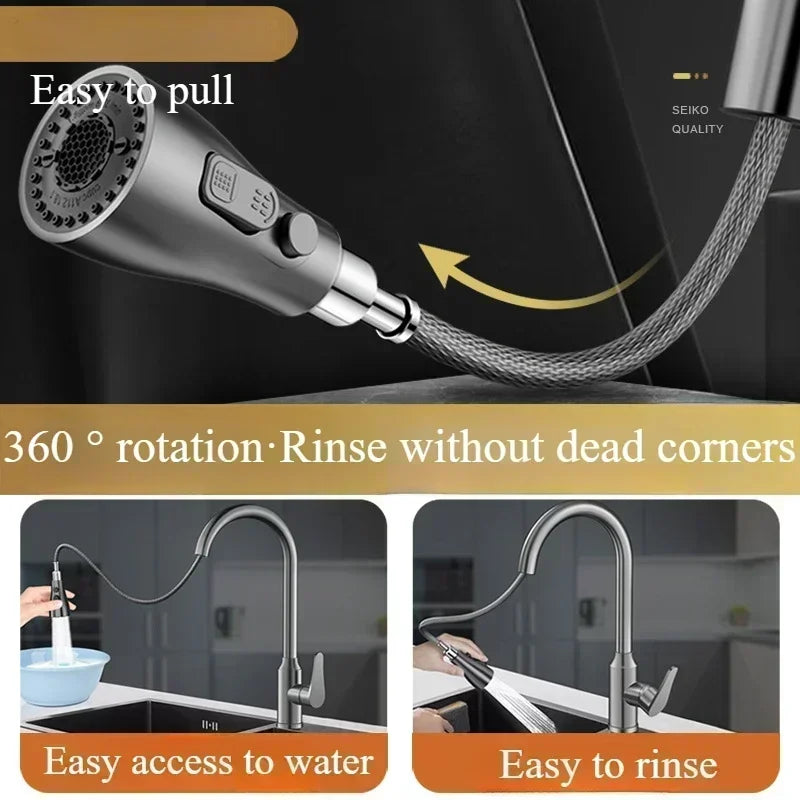 Kitchen Faucets Fine copper gun gray kitchen sink pull-out faucet household sink washbasin rotating hot and cold faucet