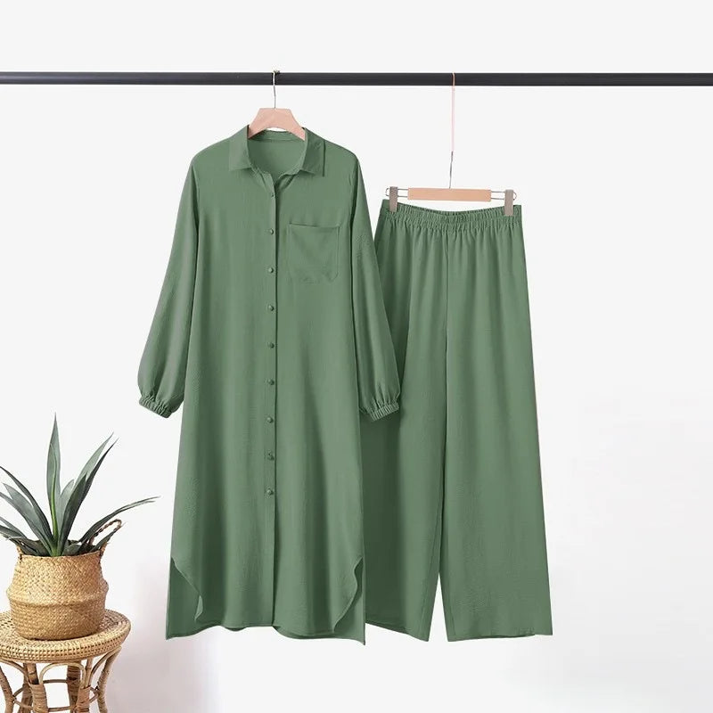 Mandylandy Muslim Robe Long Shirts Women Islamic Clothing Arabian 2 Piece Set Outfits Long-sleeve Shirt and Trousers Sets.