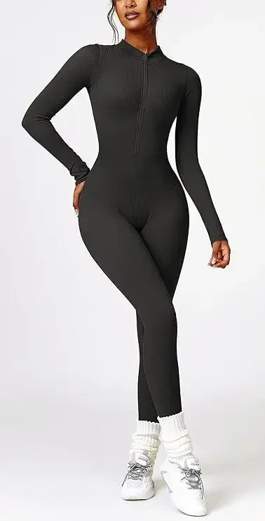 Seamless Long Sleeve Yoga Suit One-Piece Tightening Fitness Leisure Sports Jumpsuit with Zipper for Women.