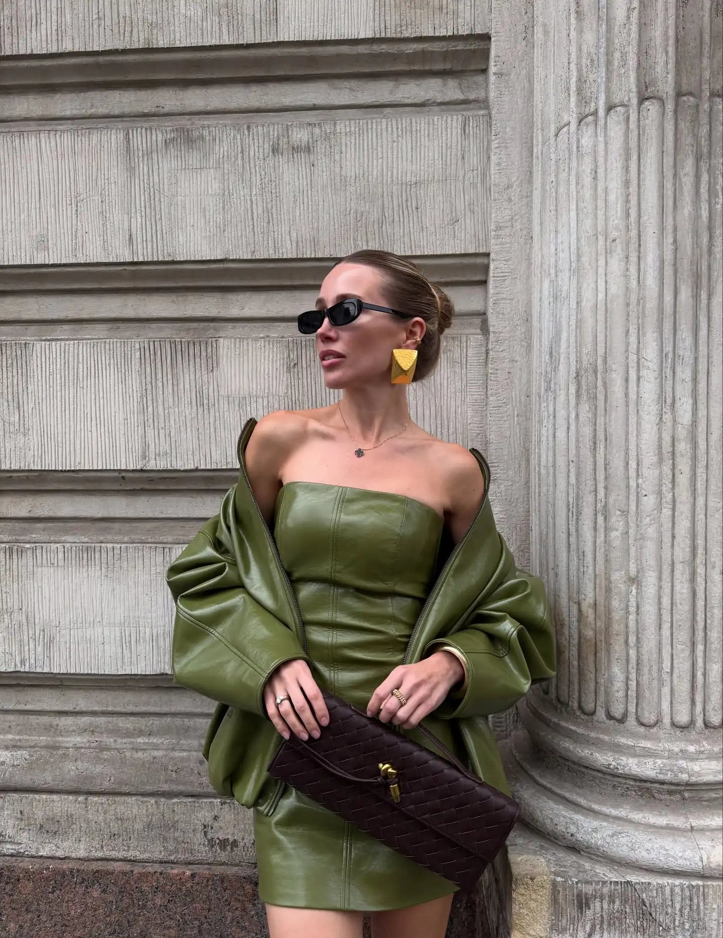 Chic Stand Collar Leather Long Skirt Sets Women Long Sleeve Jackets Spliced Solid Skirts 2025 Autumn Lady Y2k Outfits dress