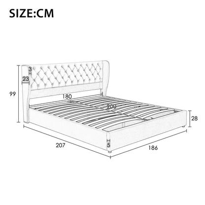 Fangange gepolstertes ohrenförmiges Bett, komplettes/Queensize-/King-/Doppelbett, hydraulisches Funktionsbett mit Lattenrost und Stauraum, Samt