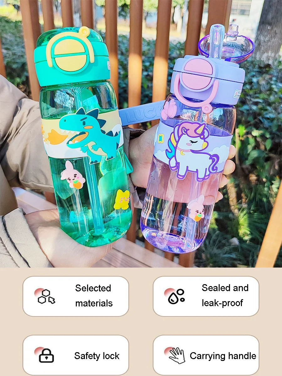 600ml School Girls Cute Water Bottle with Straw for Kids Chilrdren Sports Outdoor Cup.