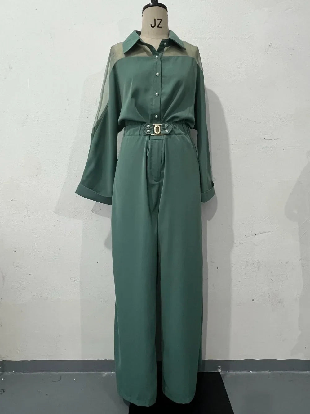 Jumpsuit Full Sleeve Turn Down Collar Office Lady Buttons The Waist Jumpsuits for Women 2024 One Piece Wide Leg Pants Rompers.