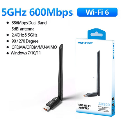 Vention New USB WiFi 6 Adapter 5G/2.4G 600Mbps Wireless WiFi Receiver Antenna Network Card Dongle LAN for Laptop PC Win 10/11
