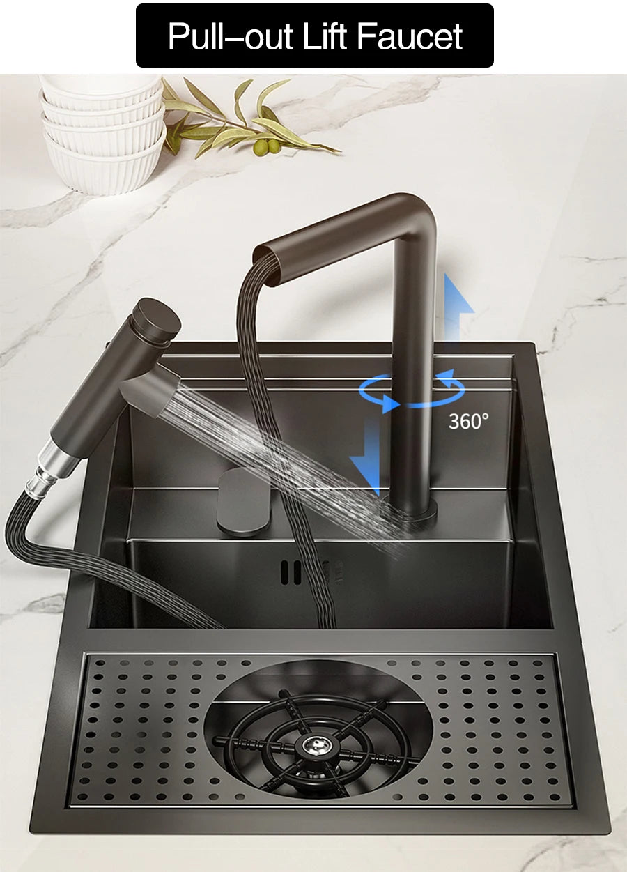 ASRAS Nano Black Small Size Kitchen Sink Cup Washer Hidden Bar Counter Cover Concealed Single Bowl Sinks With Lifting Faucet