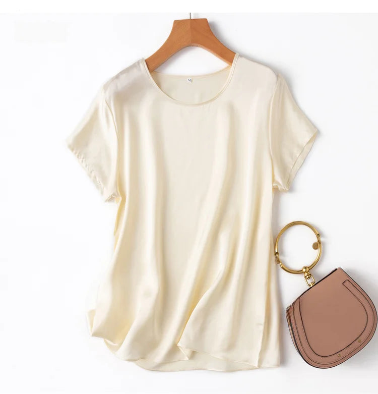 Women 100% Mulberry Silk 19 Momme half sleeve Crew Neck Top Shirt Blouse T-shirt More Colors M L XL MM4270