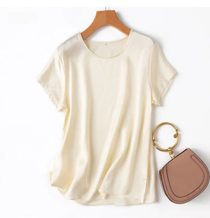 Women 100% Mulberry Silk 19 Momme half sleeve Crew Neck Top Shirt Blouse T-shirt More Colors M L XL MM4270