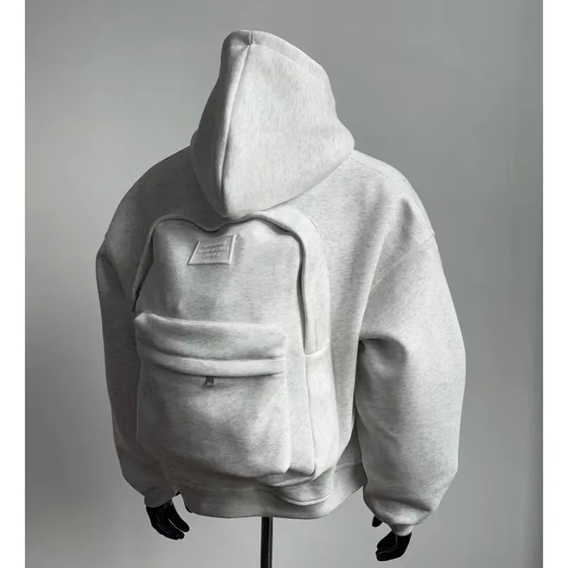 Streetwear fashion three-dimensional backpack casual hoodie Y2K autumn winter high street trend punk men's top loose sportswear.