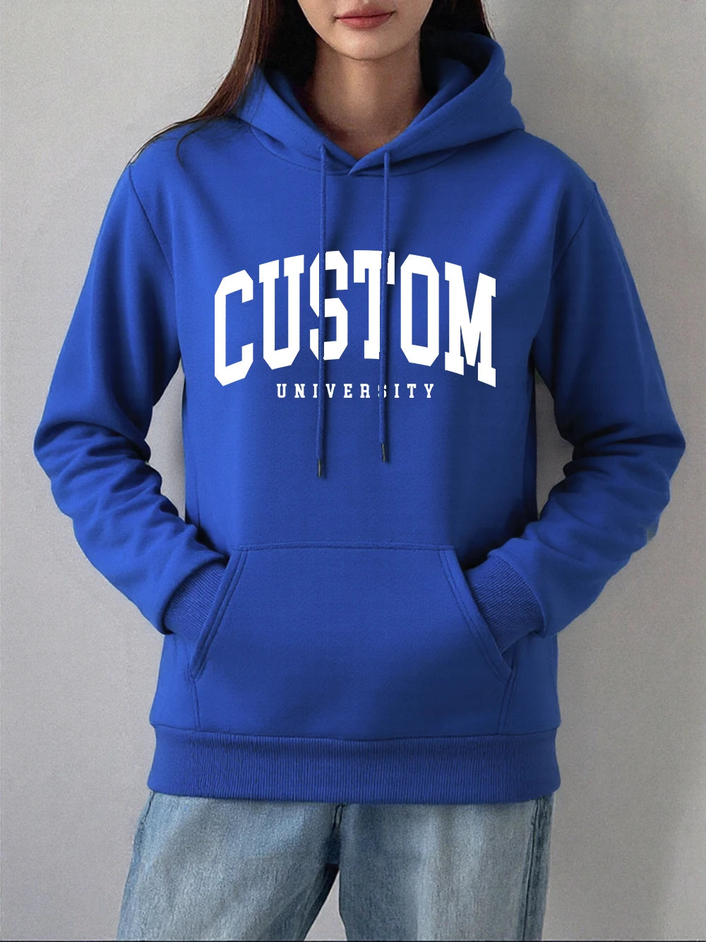 Custom University Printed Hoodies Women Basics Pocket Sweatshirts Autumn Fleece Warm Pullovers Comfortable Casual Womans Clothes