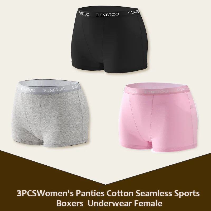 3Pcs Women's Panties Cotton Seamless Sports Boxers Underwear Female Solid Color Briefs Lingerie Intimate Underpant Finetoo S-XXL