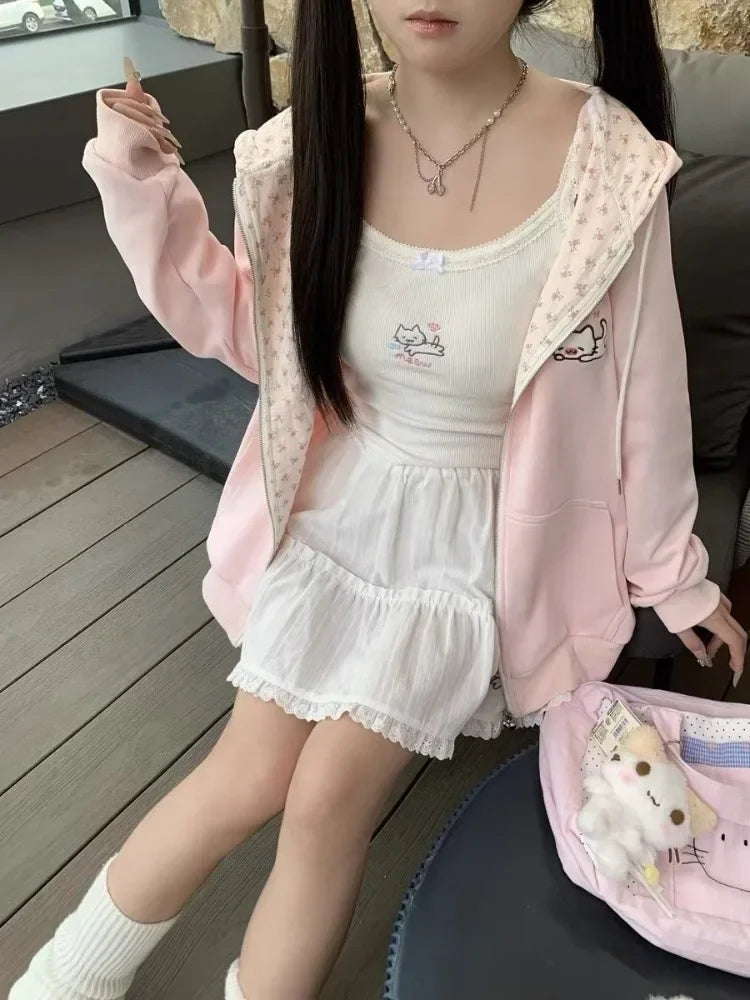 Katze Floral Lange Ärmeln Zipper Dünne Jacken 2025, Frühjahr Neue Hoodie Mantel Frauen Y2k Casual Alle-spiel Tops mujer Sweatshirt.