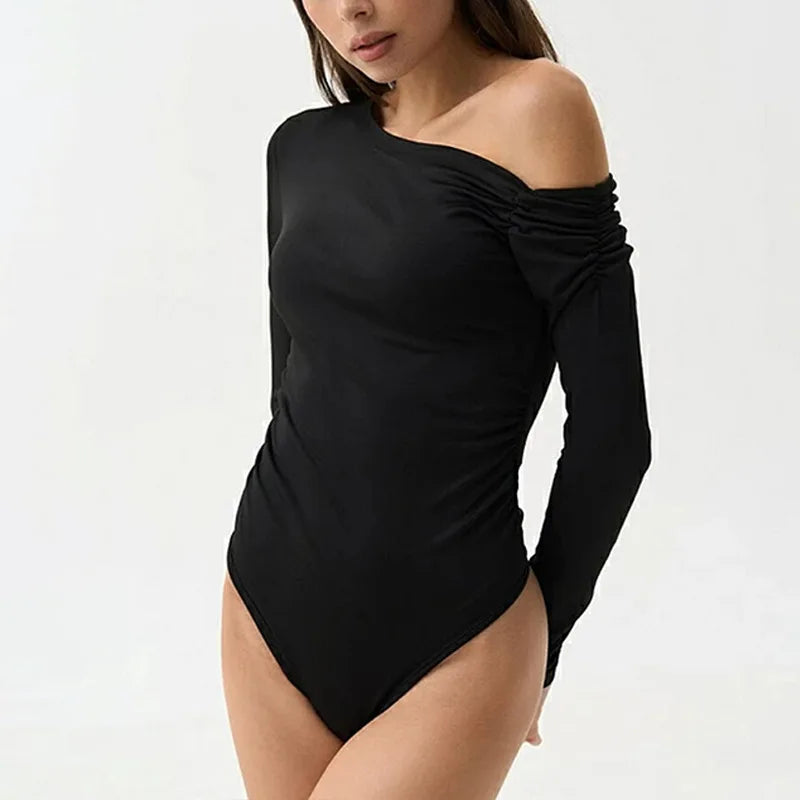 Sexy Asymmetrical Sloping Shoulder Off Shoulder Base Solid Color Simple Long Sleeved Pleated Slim Fit Bodysuit Women's Clothing.